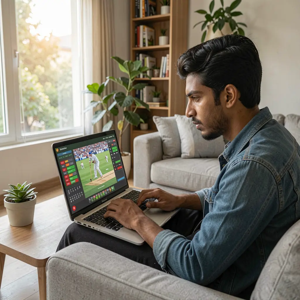 Confident Bangladeshi sports bettor analyzing live cricket odds and statistics on a laptop using the 995BDT betting platform at home