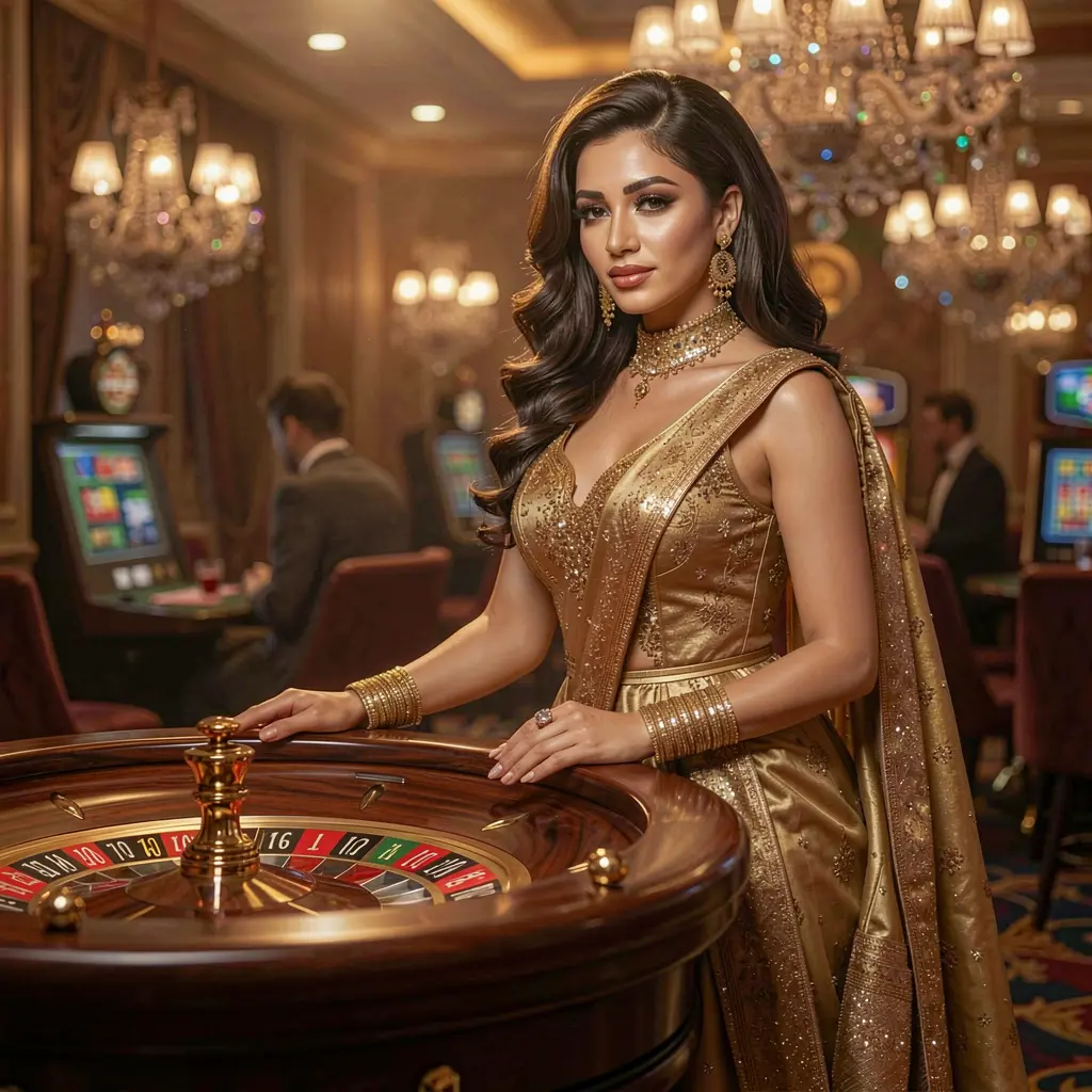 Confident casino hostess standing by a roulette wheel in a luxury gaming hall showcasing the premium live casino atmosphere of 995BDT for players in Bangladesh